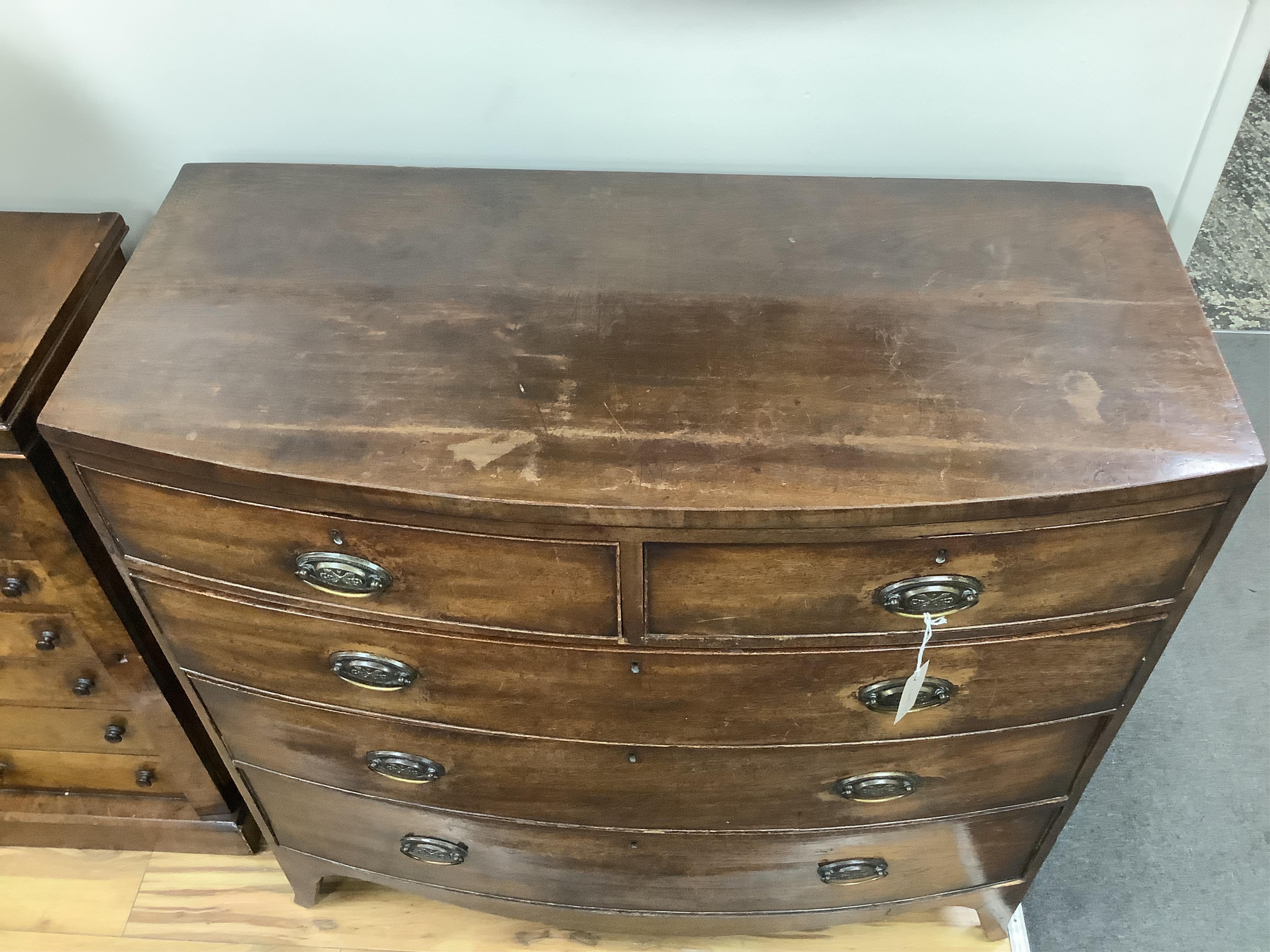 A Regency mahogany bowfront chest, width 105cm, depth 49cm, height 104cm. Condition - poor to fair